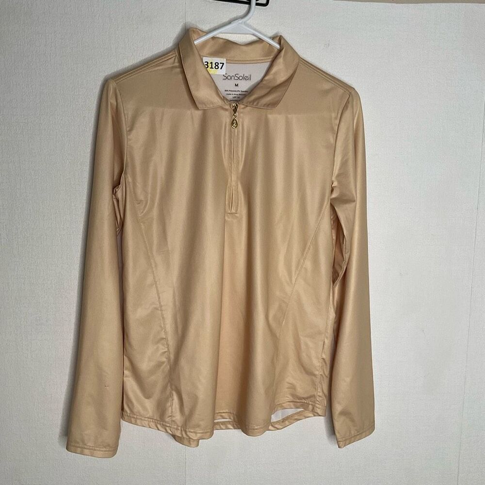 SanSoleil UPF‎ 50+ Top Women's Medium Gold Golf Shirt Long Slv 1/4 Zip Mock Neck